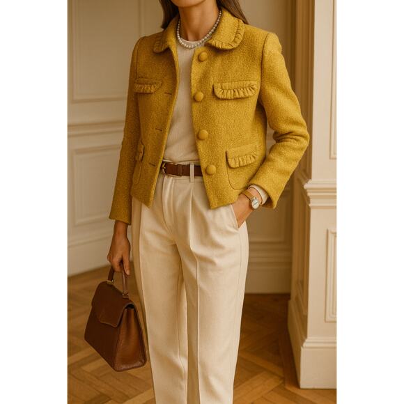 J.Crew Fall 2009 Ruffle-Trim Wool Blend Bouclé Lady Jacket Mustard NWT Sz 4 - Picture 1 of 13